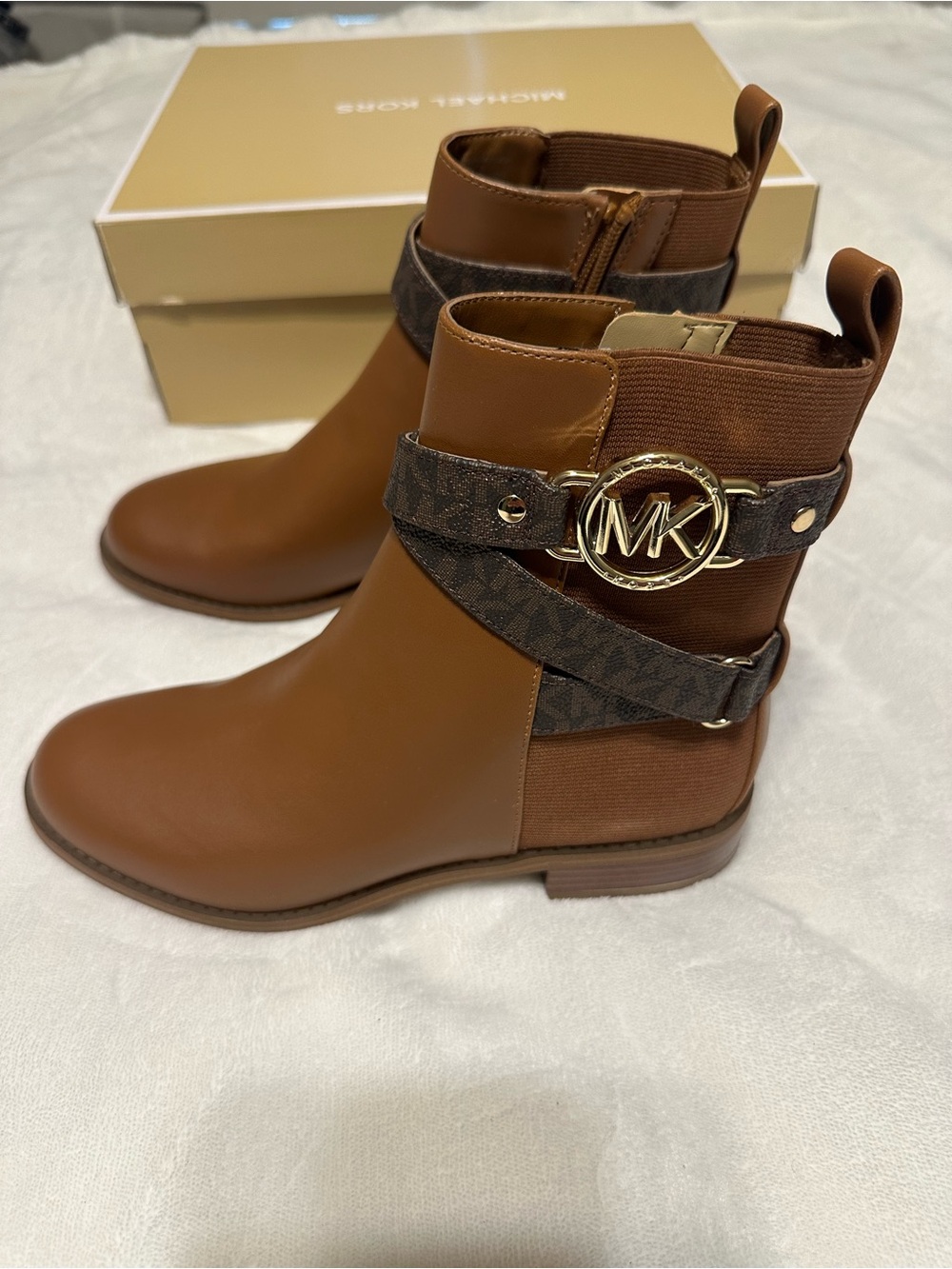 Michael Kors Cognac Brown MK Logo Leather Ankle Boots